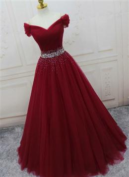 Picture of Pretty Burgundy Long Tulle Off Shoulder Formal Dresses , Junior Formal Dress